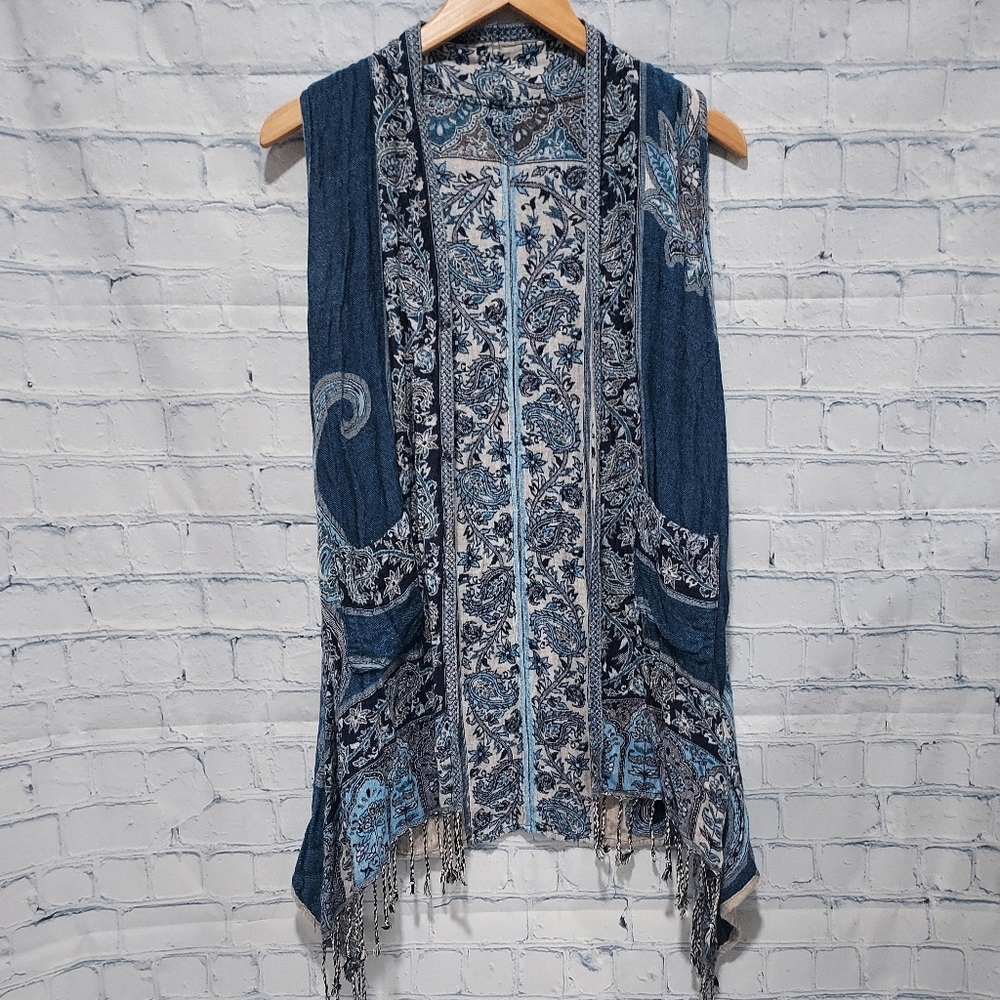 Parsley & Sage Womens S Open Tunic Vest Boho Artsy Lagenlook Reversible Fringe